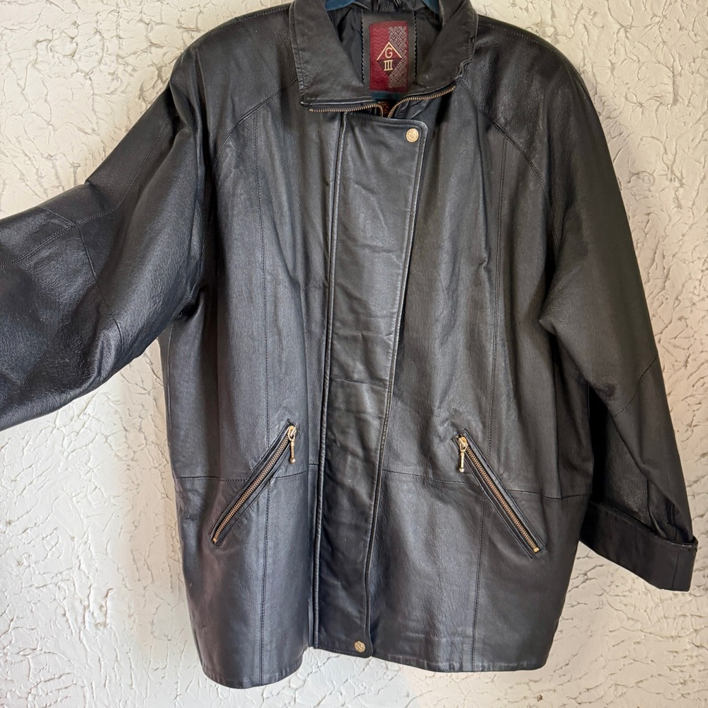 Vintage Black Leather Jacket with Gold Accents - Picture 9 of 11
